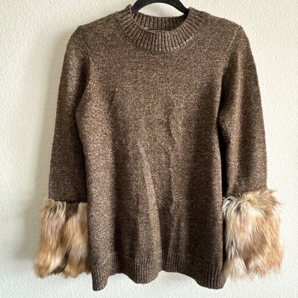 Boston Proper Faux Fur Cuff Metallic Sweater Brown Size S - Picture 2 of 7